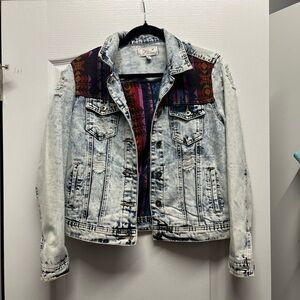 Chiqle denim architect Women's Faded Jean Jacket with Multicolor Accents